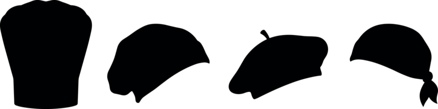 Chef hat and professional kitchen headwear vector illustration set with solid black baker toque bandana silhouettes