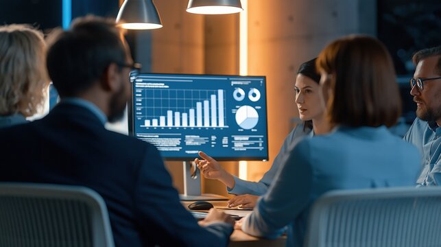 Diverse business team collaborating and analyzing financial growth charts on a computer screen in modern office