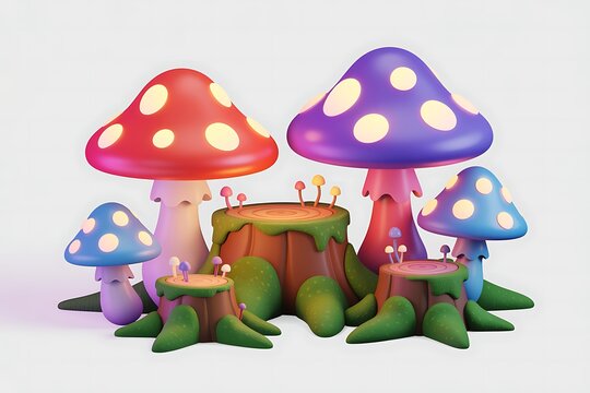 3d Cartoonish Fantasy magical glowing mushrooms and tree stumps isolated on white background 