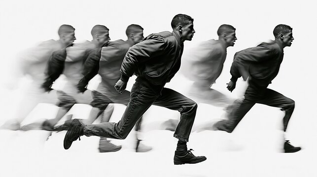 Man running in motion blur, captured in multiple sequential exposures, depicting speed and action