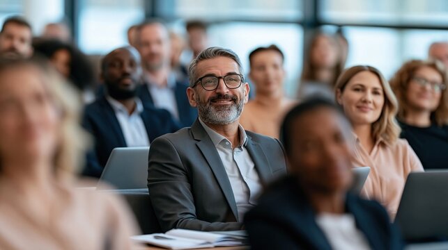 Diverse group of professionals attending a business seminar, listening attentively and smiling