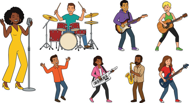 Music Band and Musician Vector Set with Diverse Cartoon Characters Singing, Playing Drums, Electric Guitar, Acoustic Guitar, Saxophone, Keytar, and Dancing