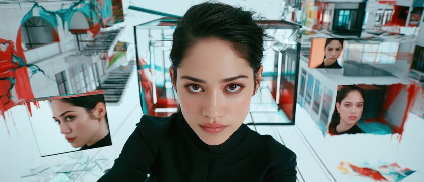 Futuristic Self-Reflection: Woman in Digital Collage with Virtual Portraits and Abstract Background
