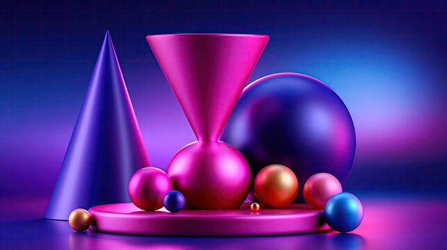 Abstract modern 3d composition of glossy colored geometric shapes including cone spheres and inverted cone placed on pink podium against gradient purple blue background
