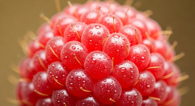 Macro shot of a ripe red raspberry with glistening morning dew droplets