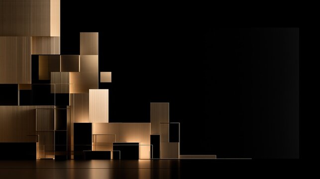 Abstract modern 3d city skyline composition with overlapping brushed gold squares and rectangles against deep black background with empty copy space