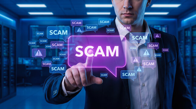 Businessman pointing at virtual scam warning icon in server room