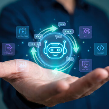 Businessman holding futuristic chatbot and artificial intelligence virtual interface icon in hand