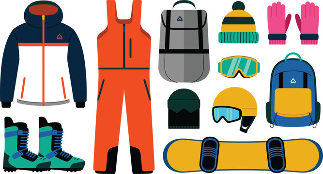 Winter Snowboarding Equipment and Ski Clothing Vector Set with Jacket, Bib Pants, Boots, Backpack, Goggles, Gloves, Beanie, and Snowboard Gear Collection
