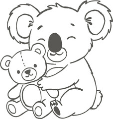 Obraz premium Cute koala hugging teddy bear with happy expression, simple line art drawing of animal and toy