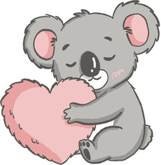 Cute koala hugging soft pink heart with closed eyes showing love and warmth in tender and gentle pose