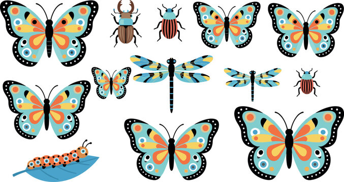 Beautiful patterned butterflies and garden insects collection vector illustration set featuring decorative wings dragonflies caterpillar and colorful beetles