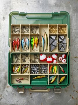 Organized Fishing Tackle Box Full of Colorful Lures, Hooks, and Gear for Angling Hobby