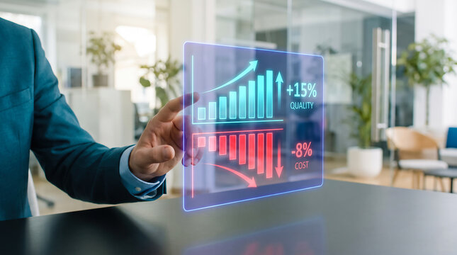 Businessman interacting with digital holographic screen showing financial growth charts and cost reduction statistics in modern office