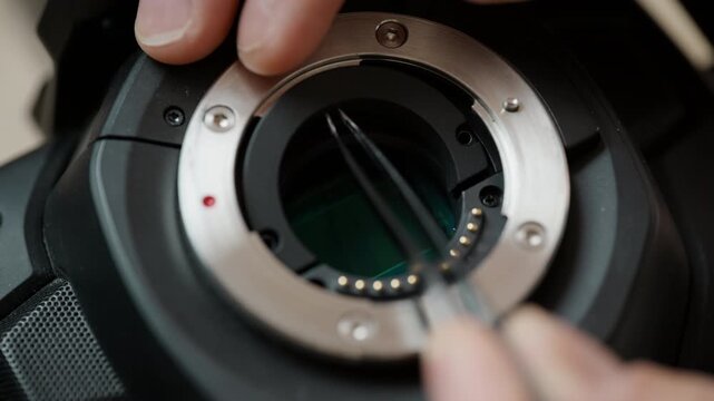 Close-up of tweezers removing the half-circle retaining clip that holds the IR cut filter in a cinema camera, the sensor exposed below. A detailed step of camera modification and sensor work.