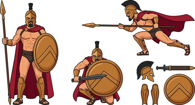 Ancient Spartan Warrior Vector Set with Cartoon Greek Gladiator Characters in Armor holding Spear, Round Shield, Sword, and Bronze Helmet Icons