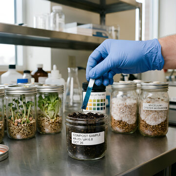 Scientist testing soil pH with test strip in laboratory setting