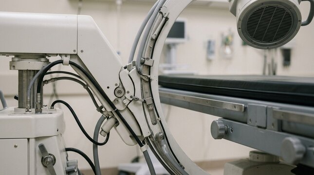 Fluoroscopy C-Arm Unit Resting beside the Imaging Table &ndash; Close-up Detail | Fluoroscopy-Guided Procedure Medical Equipment Stock Photo