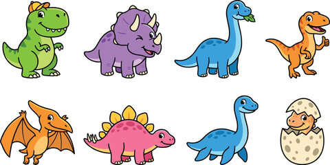 Naklejka premium Cute Baby Dinosaur Character Set with Tyrannosaurus Rex Triceratops Brachiosaurus Stegosaurus and Hatching Egg for Kids Nursery and Birthday Designs