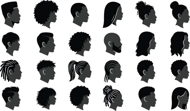 Diverse People Hairstyle Silhouette Avatar Icon Set Featuring Male and Female Haircuts, Profiles, Faces, and Modern Character Head Symbols
