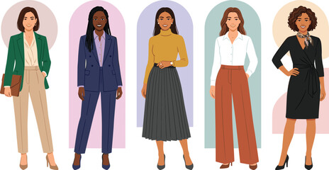 Fototapeta premium Business Women Fashion Vector Set with Diverse Cartoon Female Characters Wearing Elegant Corporate Clothes, Office Costumes, Suits, and Smart Casual Outfits
