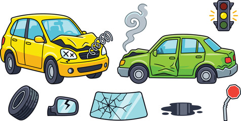 Naklejka premium Car Accident Vector Set Featuring Damaged Yellow and Green Vehicles, Traffic Light, Shattered Windshield, Flat Tire, and Broken Stop Sign Icons