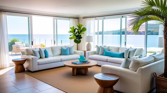 Bright coastal living room interior with white sofas, wooden coffee table, large windows, and ocean view, featuring a fiddle leaf fig plant