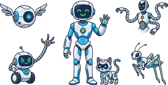 Futuristic Robot Character Vector Set with Cute Cartoon Artificial Intelligence Androids, Cyborg Cat, Flying Eye Drone, and Mechanical Insect Icons