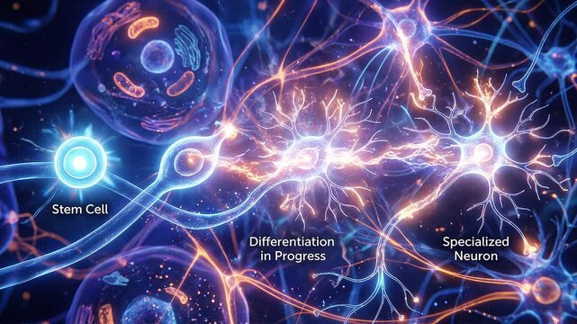 Abstract visualization of neural network and stem cell differentiation process.