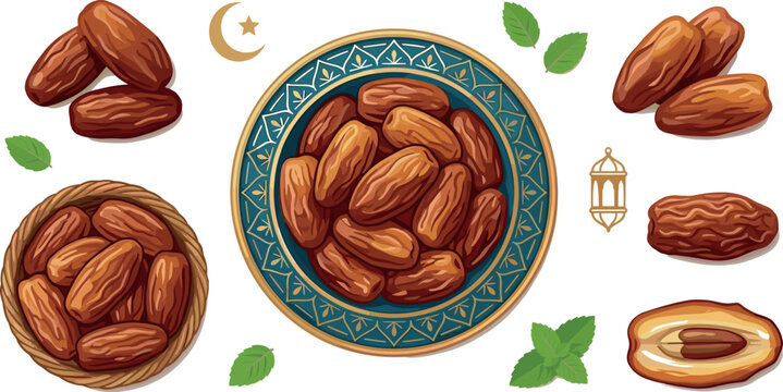 Sweet Dates Fruit Vector Set Featuring Plates Bowls Mint Leaves Half Slice and Islamic Symbols for Ramadan and Healthy Food Designs
