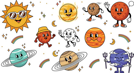 Retro Cartoon Solar System Planet Vector Character Set with Cute Vintage Sun, Moon, and Space Elements for Stickers, Patches, and Kids Graphic Design © MdFahim