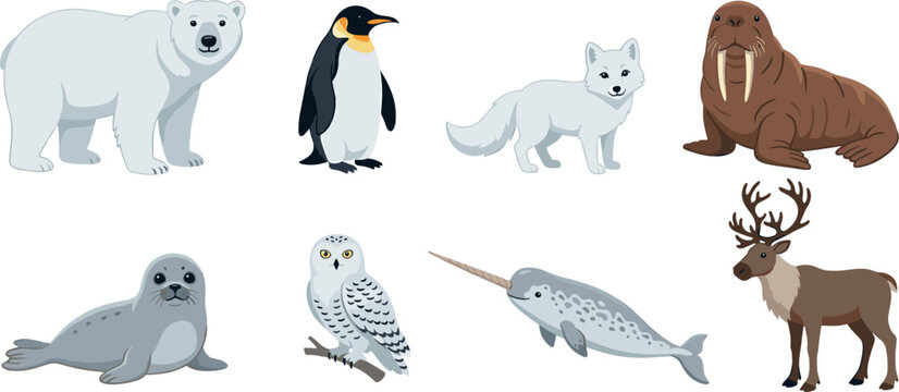 Cute Arctic and Polar Animals Vector Icon Set Featuring Polar Bear Penguin Arctic Fox Walrus Seal Snowy Owl Narwhal and Reindeer Graphics