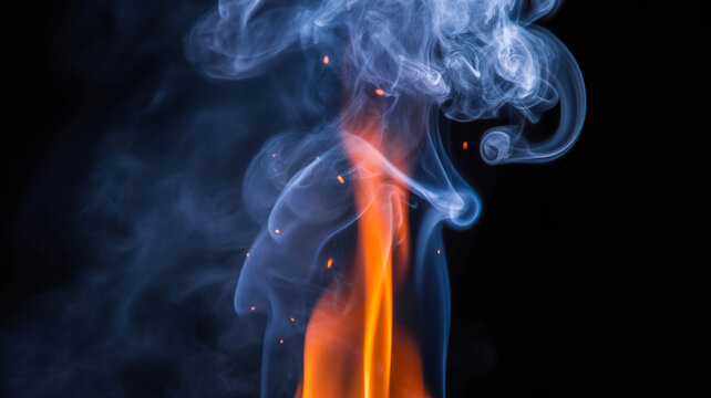 Orange flames with smoke and sparks against black background, abstract fiery and smoky texture for effects.