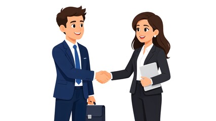 Fototapeta premium Business man and businesswoman handshaking on successful agreement, 2D vector illustration isolated on white background