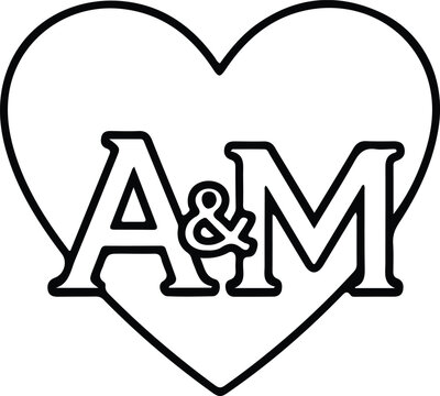 Minimal black and white line art illustration of heart outline with A and M initials inside, monogram design, relationship connection symbol