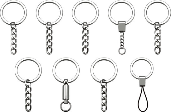 Realistic silver metal keychain rings vector collection set featuring classic links chains swivels and split loop fasteners