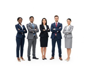 Obraz premium Five diverse business people standing and smiling in professional clothes
