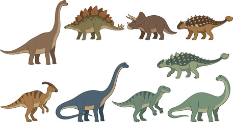 Dinosaur Vector Illustration Character Set with Herbivorous Species Brachiosaurus Stegosaurus Triceratops and Ankylosaurus for Kids Education and Graphic Design © monoara