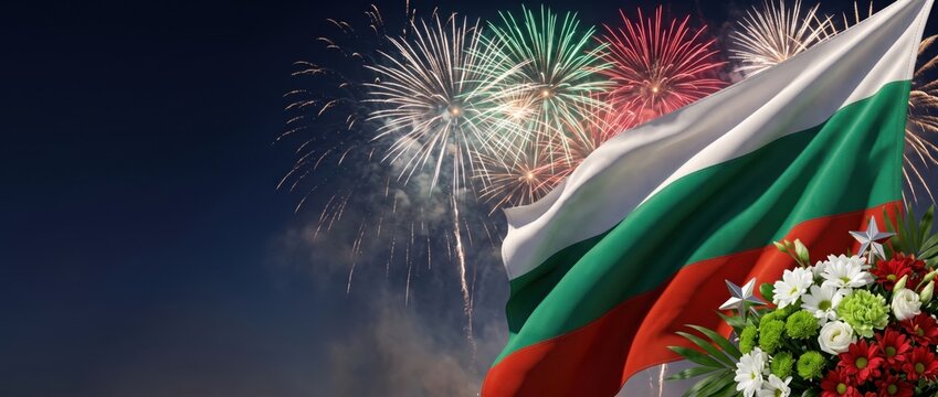 Waving national flag of bulgaria against a dark night sky filled with colorful bursting fireworks and a decorative bouquet of white, green, and red flowers in the foreground