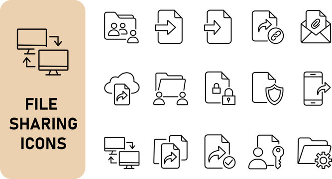 File Sharing and Data Transfer Line Icon Set with Cloud Upload Download Folder Collaboration and Document Exchange Symbolssharing, file, transfer, data, cloud, upload, download, folder, document, coll