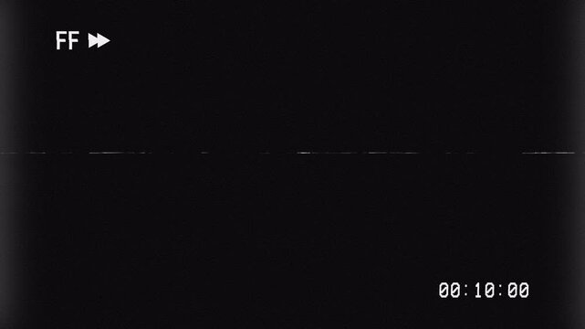 Old tape fast forward VHS overlay animation on black background with analog interference, TV noise and glitch artifact 4K resolution.