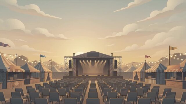 Empty outdoor concert stage with seating and tents under a cloudy sky at sunset, ready for a music festival or event.