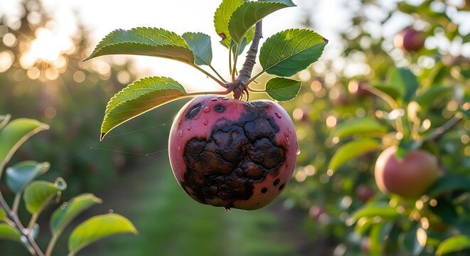 Close-up of a damaged apple hanging on a tree branch in an orchard with outdoors