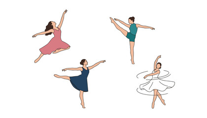 Fototapeta premium Graceful Ballet and Contemporary Dance Vector Illustration Set with Female Dancers Performing Elegant Jumps, Pirouettes, Poses, and Artistic Choreography Movements