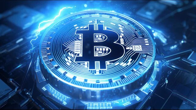 Bitcoin symbol with digital circuits and blue light displayed on a futuristic background