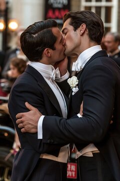 Elegant Gay Couple Sharing a Romantic Kiss in Formal Evening Attire Outdoors