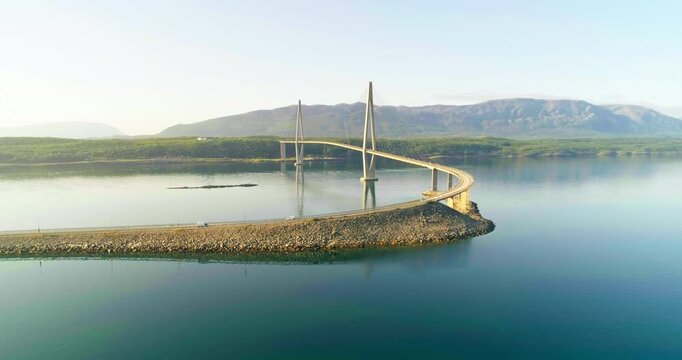 Curved Helgeland Bridge and Roadway over Calm Leirfjorden, Norway