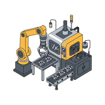 Mechanical robotic arm sorting metal components next to an industrial production machine in an isometric engineering diagram vector.