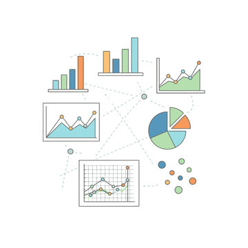 Colorful data visualization charts showing business analytics growth trends with presents collection stylized charts graphs with graphs
