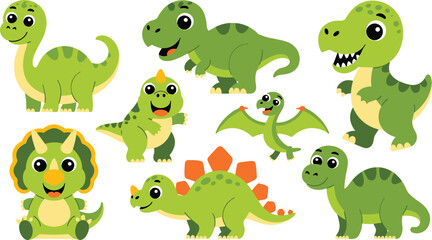 Cute Green Dinosaur Character Vector Set Featuring Cartoon Tyrannosaurus Rex, Triceratops, Brachiosaurus, and Pterodactyl Figures for Kids Toys and Nursery Room Decor © Fajila